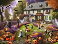 Dogs Seasonal Cottage 1000 Piece Jigsaw Puzzle Bundle -All Jigsaw Puzzles dogs at a haunted house